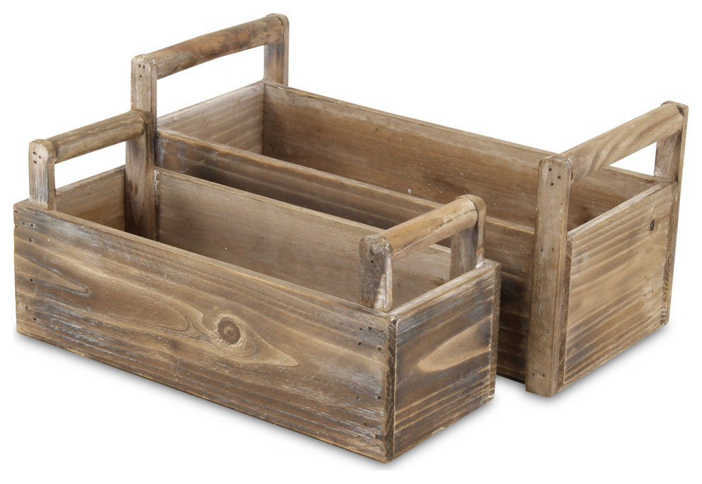 Distressed Wooden Ledge Planters With Handles, Set of 2