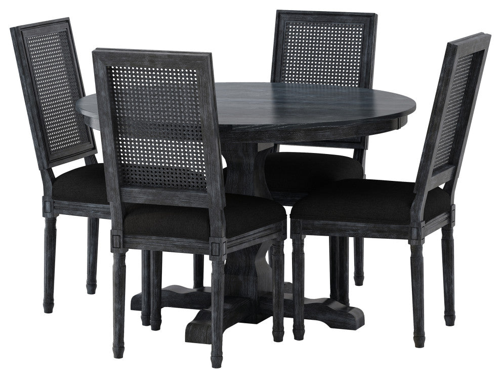 Merlene French Country Upholstered Wood and Cane 5-Piece Circular Dining Set, Gray/Black
