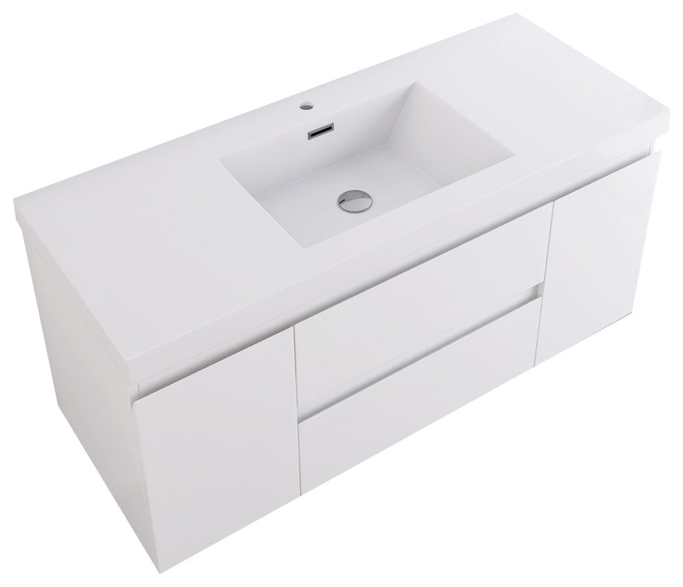 Wall-Mounted Bathroom Vanity with Integrated Resin Sink, White, 48in.