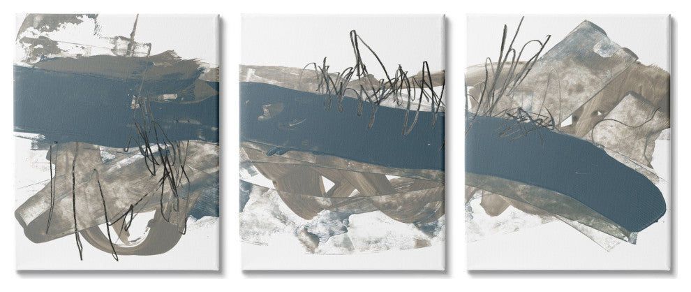 Abstract Line Painting Bold Blue Busy Grey Movement,3pc, each 16 x 20