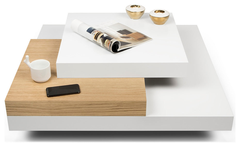 Isle Contemporary Multi Platform Square Coffee Table, White/Oak