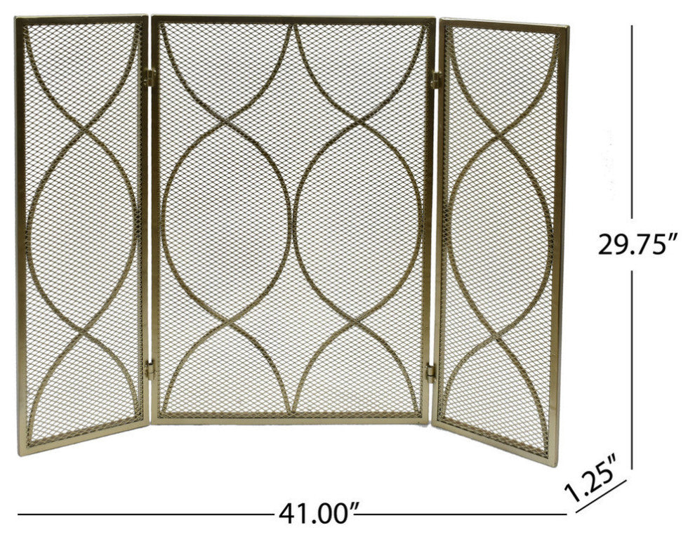 Laylah Modern Three Panel Iron Firescreen, Gold Finish