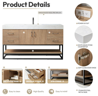 Alistair Vanity, North American Oak, Matte Black Hardware, 60" Single Sink, With Mirror