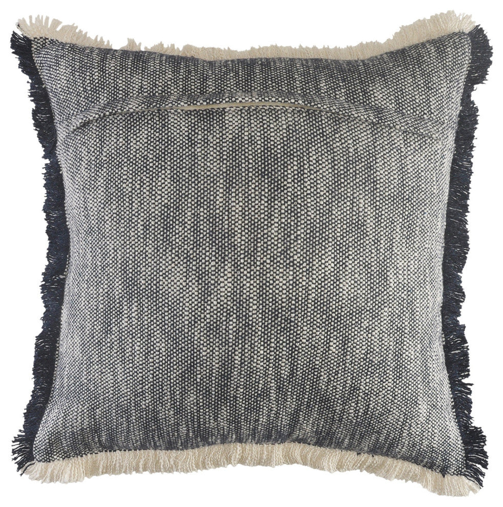 Two-Tone Cotton Throw Pillow with Fringe, Dark Blue, 20" X 20"