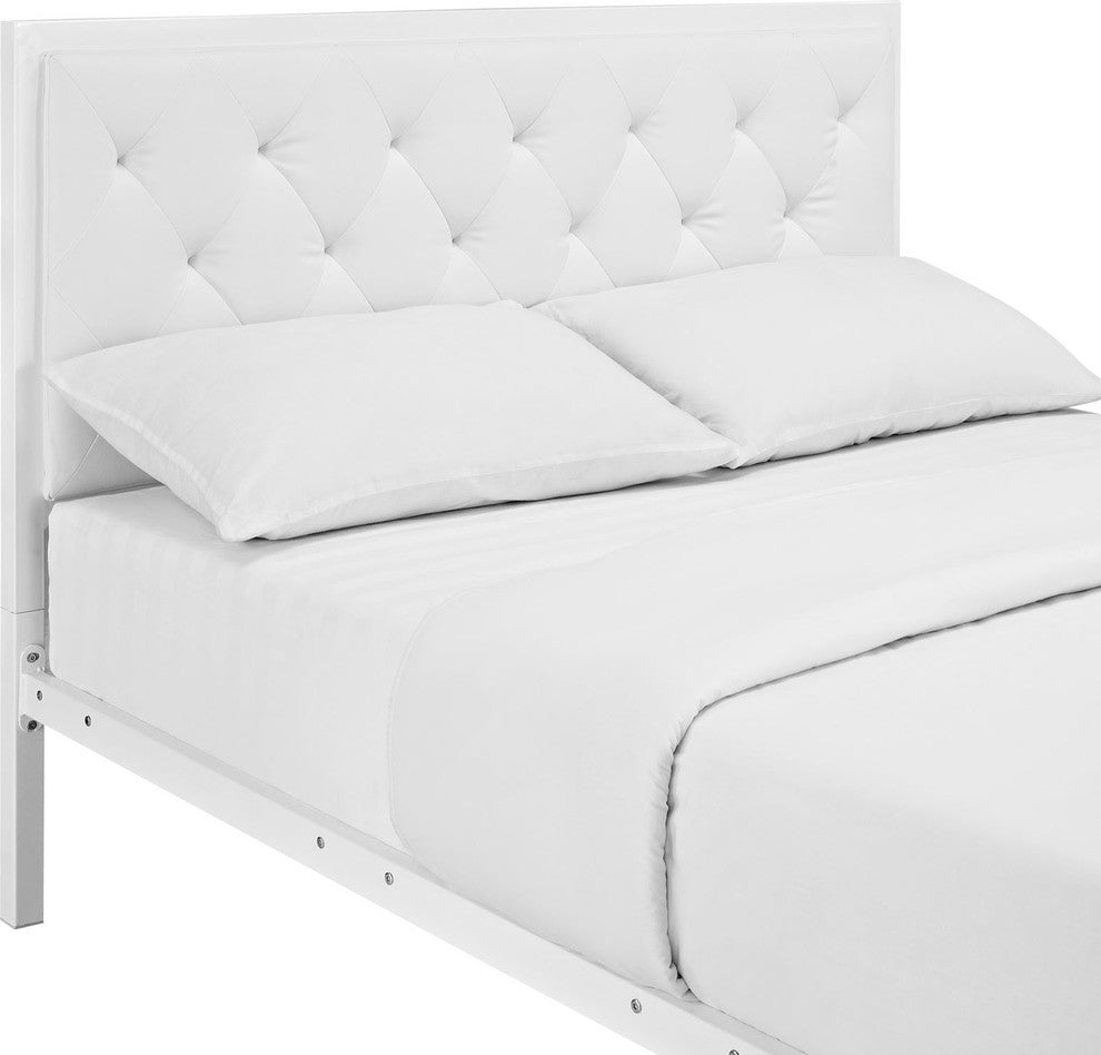 Modern Contemporary Full Size Vinyl Bed Frame, White Faux Leather