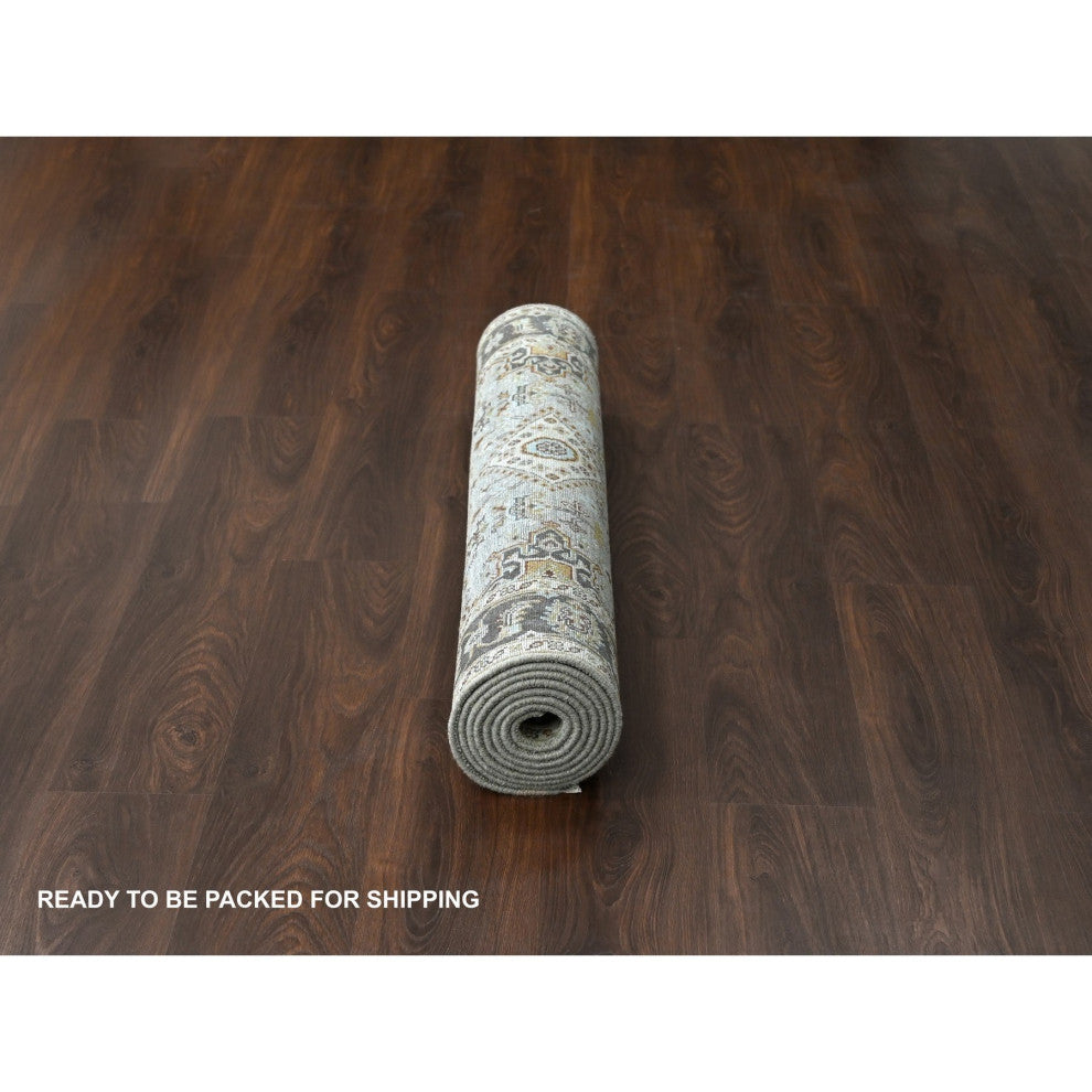Goose Gray Karajeh Design Pure Wool Hand Knotted Wide Runner Rug 4'2"x9'10"