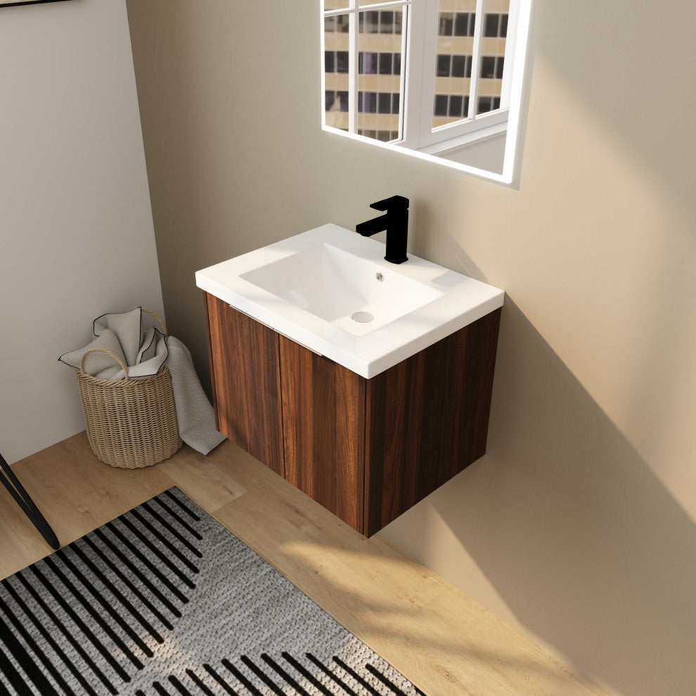 BNK Bathroom Vanity with Resin Sink, Modern Design with Soft Close Doors, California  Walnut