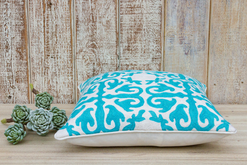 Turquoise & White Moroccan Wool Embroidered Throw Pillow Cover