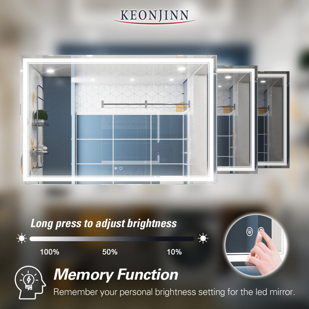 3-Colors LED Bathroom Mirror, Anti-Fog Memory Dimmable, Sliver, 60"x40"