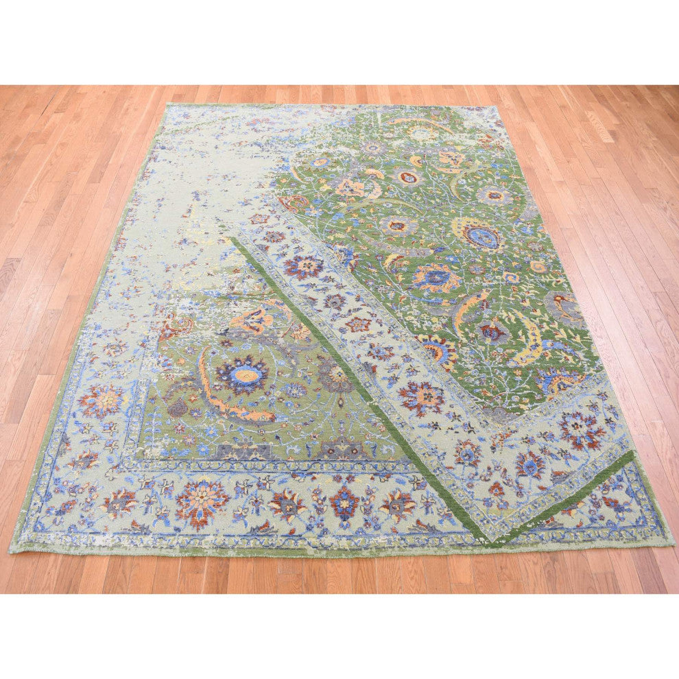 Green Rug, on Rug, Design Hand Knotted Silk With Textured Wool Rug, 7'9"x9'10"