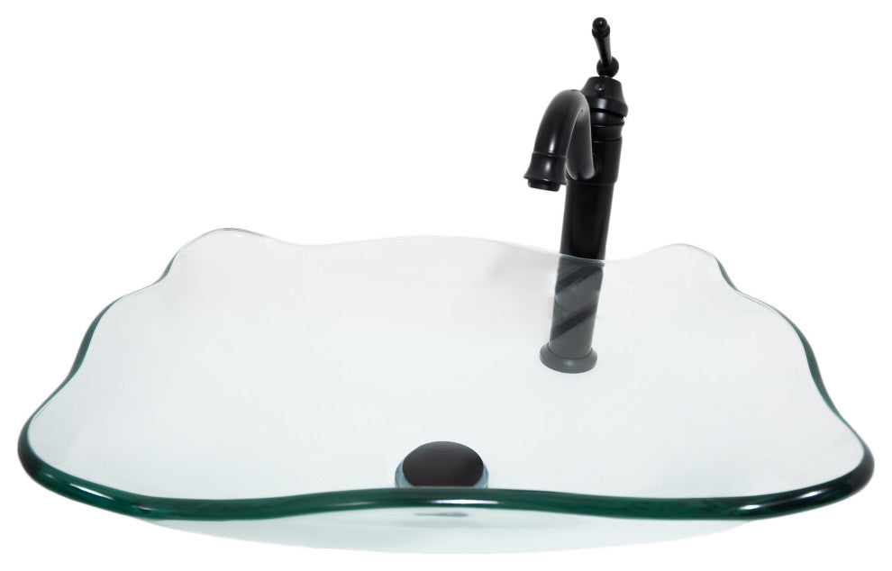 Clear Scalloped Tempered Glass Vessel Bathroom Sink with Faucet and Drain, Matte Black