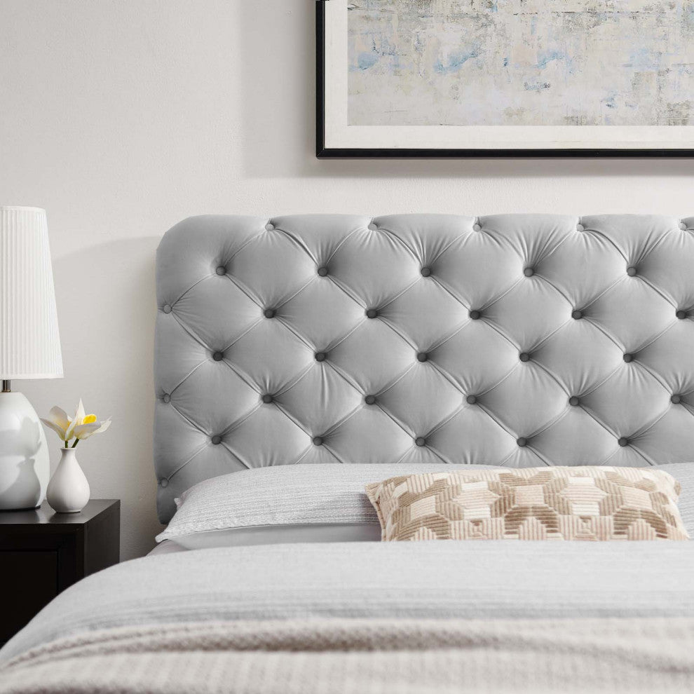 Tufted Headboard, Twin Size, Velvet, Light Gray, Modern Contemporary