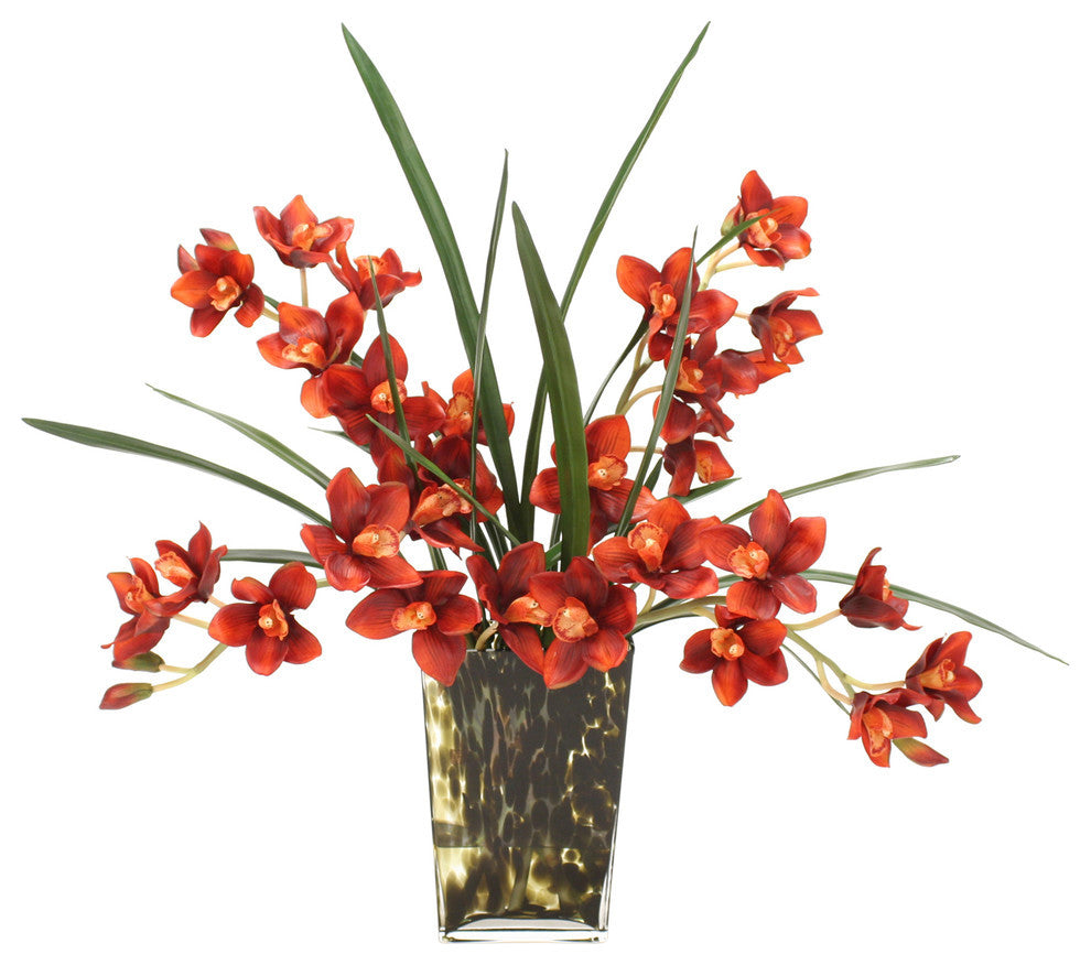 WaterlookÂ® Rust Cymbidium Orchids with Foliage in Leopard-Spotted Glass Vase