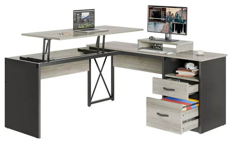 L-Shaped Desk, Large Worktop With Monitor Stand & Lift Up Portion, Gray