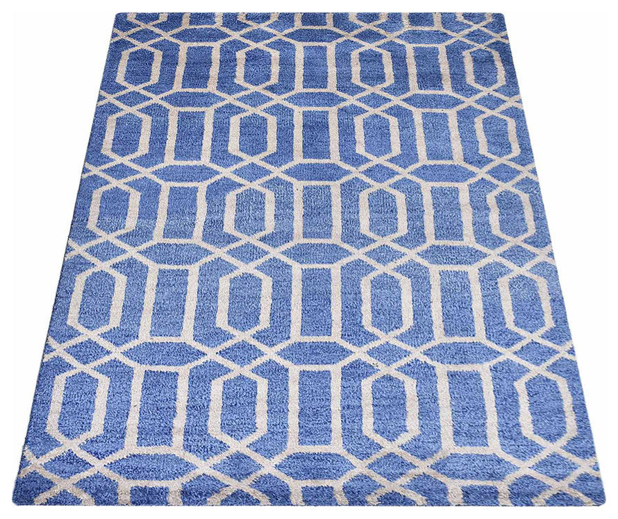 Hand Knotted Wool Area Rug Geometric Blue Beige