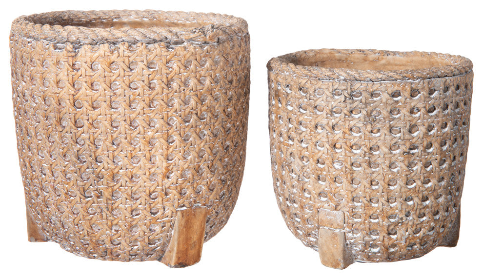 Round Terracotta Pot with Cross Weave Design Washed Amber Finish, Set of 2