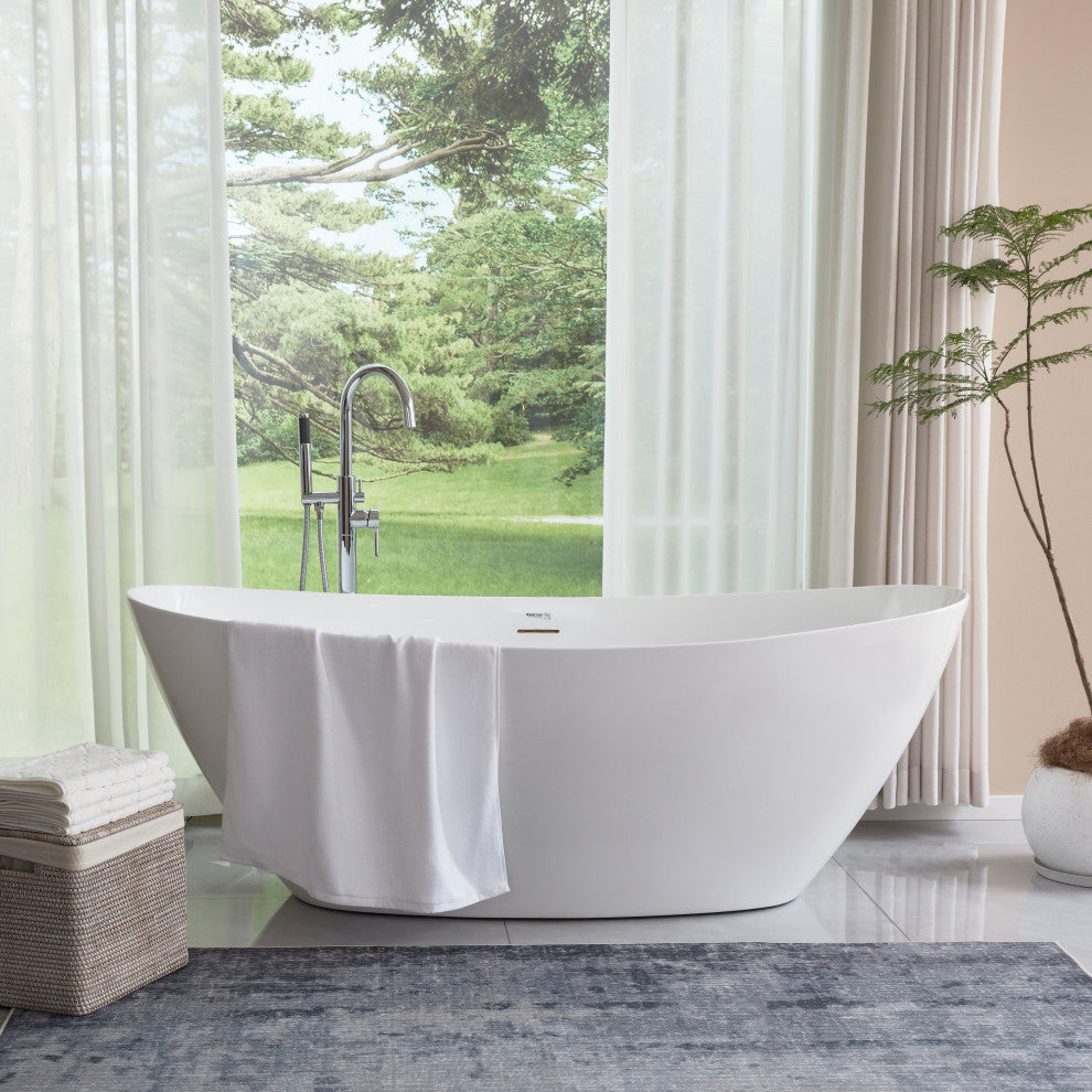 Vanity Art 71" x 33" Acrylic Freestanding Soaking Bathtub, White/Integrated Overflow