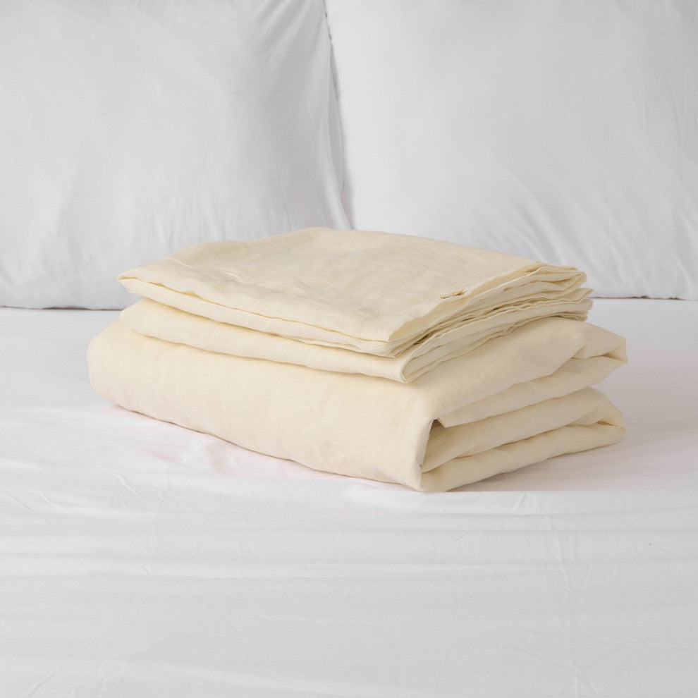Linen Duvet Set with Buttons, White, King