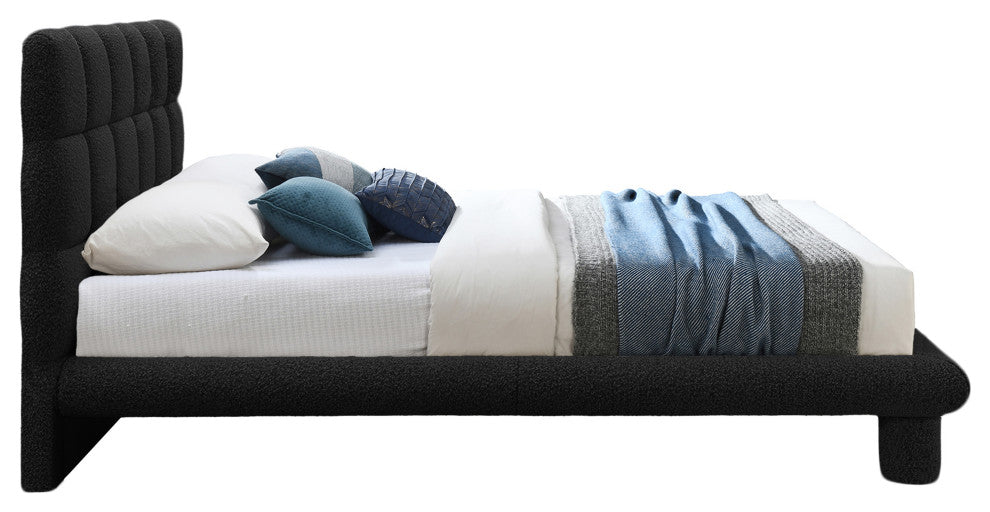 Deco Boucle Fabric Upholstered Full Bed, Black, King