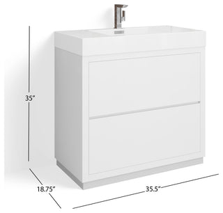 Boutique Bath Vanity, High Gloss White, 36", Single Sink, Freestanding