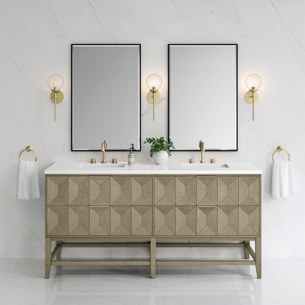 Emmeline 72" Double Vanity, Pebble Oak, White Zeus
