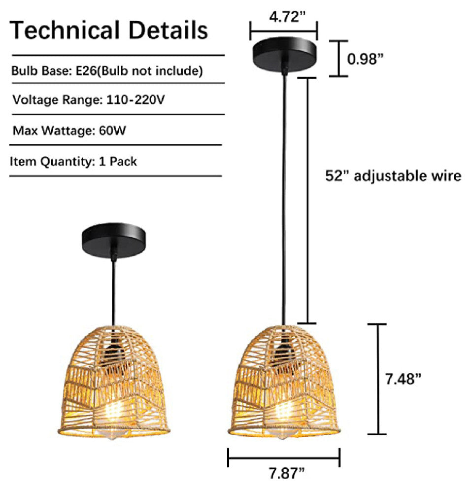 Natural & black light 7.87" Hanging Lamp Farmhouse Pendant Lighting Fixture