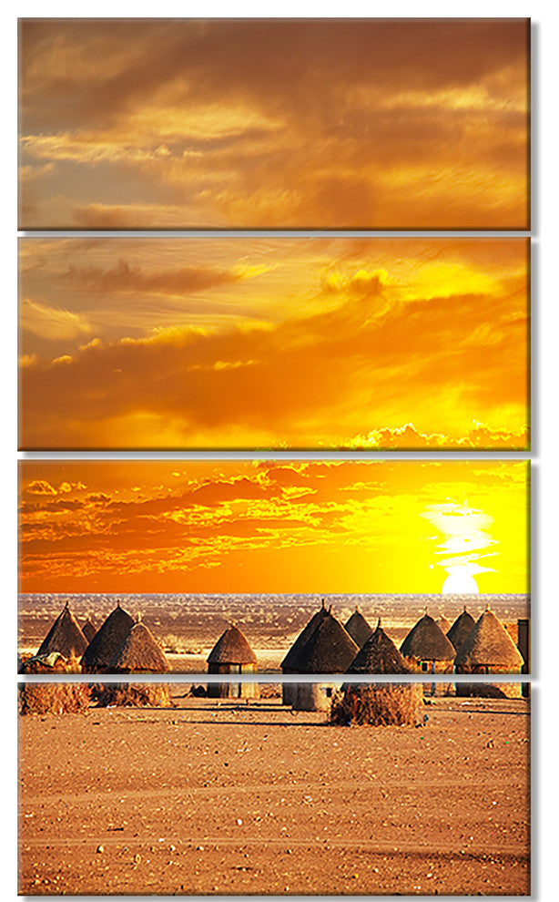 Colorful African Village Huts View, Landscape Canvas Art, 28"x48", 4 Panels