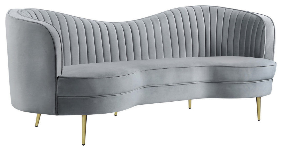 Benzara BM286330 Modern Sofa, Curved Kidney Shape, Channel Tufted, Gray, Gold