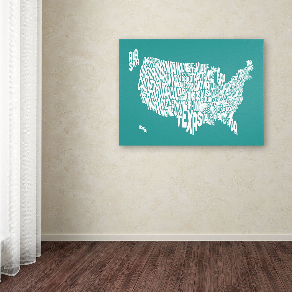 'USA States Text Map - Turqoise' Canvas Art by Michael Tompsett