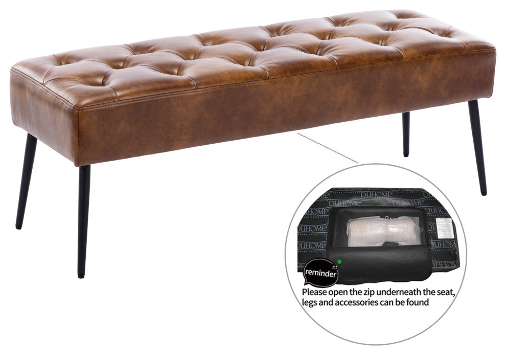 Button Tufts Bedroom Bench, Yellowish Brown With Black Legs-Faux Leather