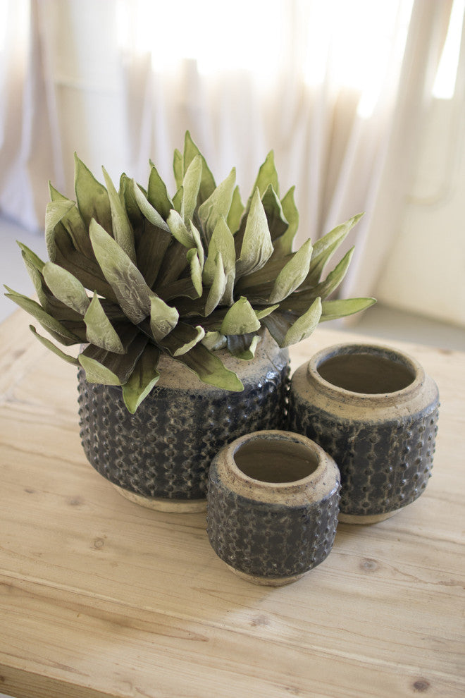 Kalalou Cdl2113 Set Of Three Dark Blue Knobby Ceramic Pots