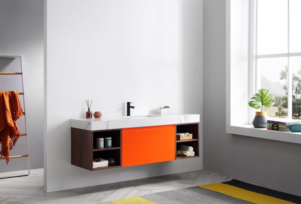 Manarola Red Amber with Thick Quartz Wall Mount Vanity, Open Shelf, 60"