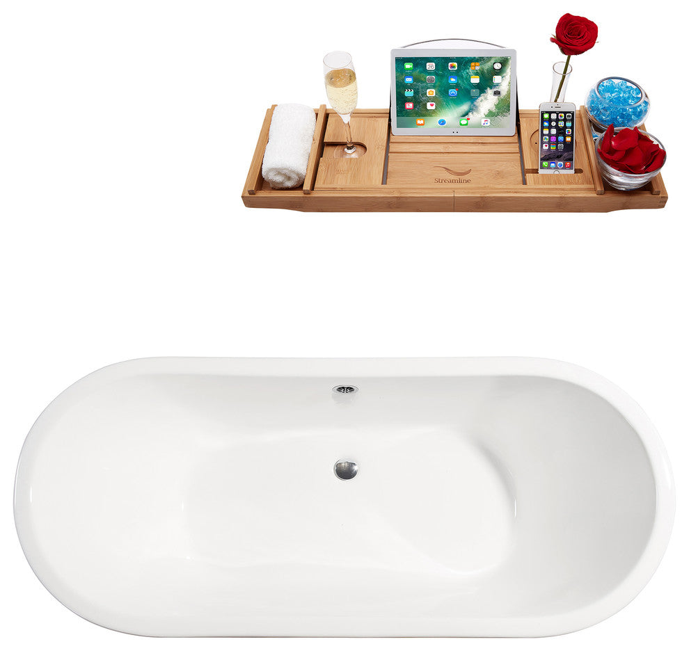 72" Cast Iron R5162WH-CH Soaking Clawfoot Tub and Tray With External Drain