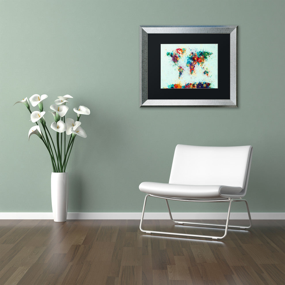 Michael Tompsett 'World Map Paint Splash' Matted Framed Art, Black Mat, 14"x11"