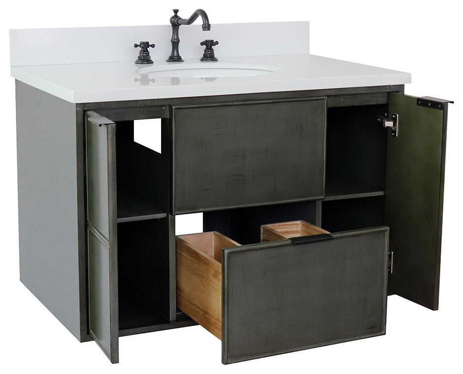 37" Single Wall Mount Vanity, Linen Gray Finish With White Engineered Stone Top
