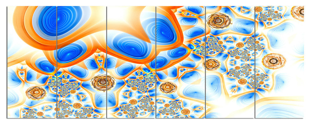 Yellow Blue Exotic Pattern, Abstract Wall Art Canvas, 70"x28", 6 Panels