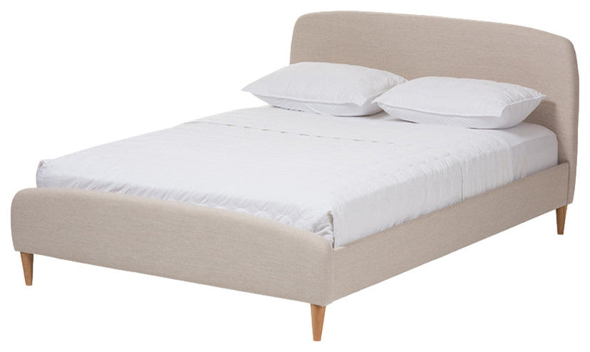 Mia Mid-Century Light Beige Fabric Upholstered King Size Platform Bed