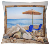Framed Effect Beach with Chairs Umbrella Seashore Photo Throw Pillow, 16"x16"