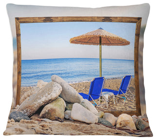 Framed Effect Beach with Chairs Umbrella Seashore Photo Throw Pillow, 16"x16"