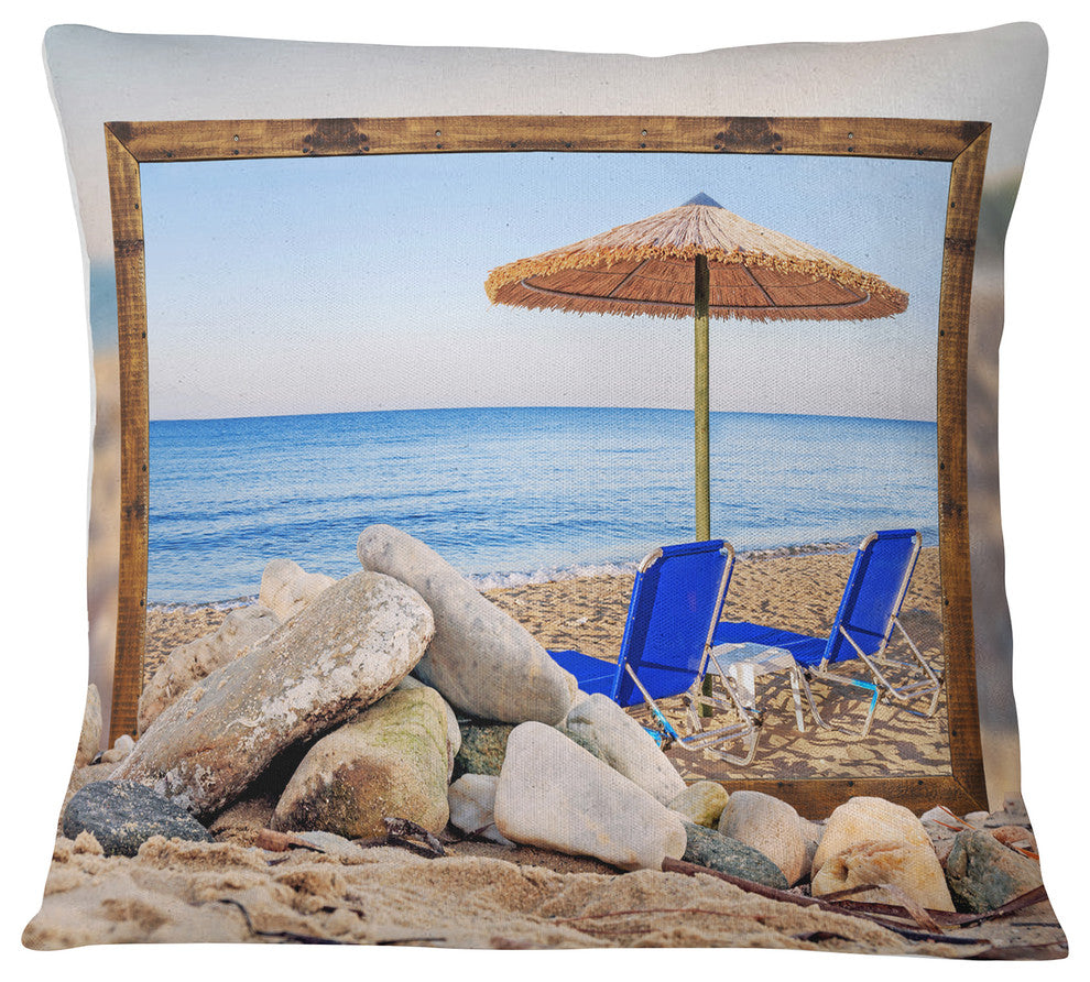 Framed Effect Beach with Chairs Umbrella Seashore Photo Throw Pillow, 16"x16"