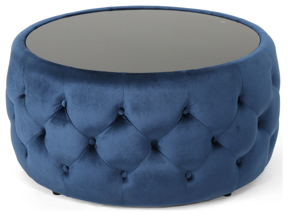 GDF Studio Ivy Glam Velvet and Tempered Glass Coffee Table Ottoman, Cobalt/Black