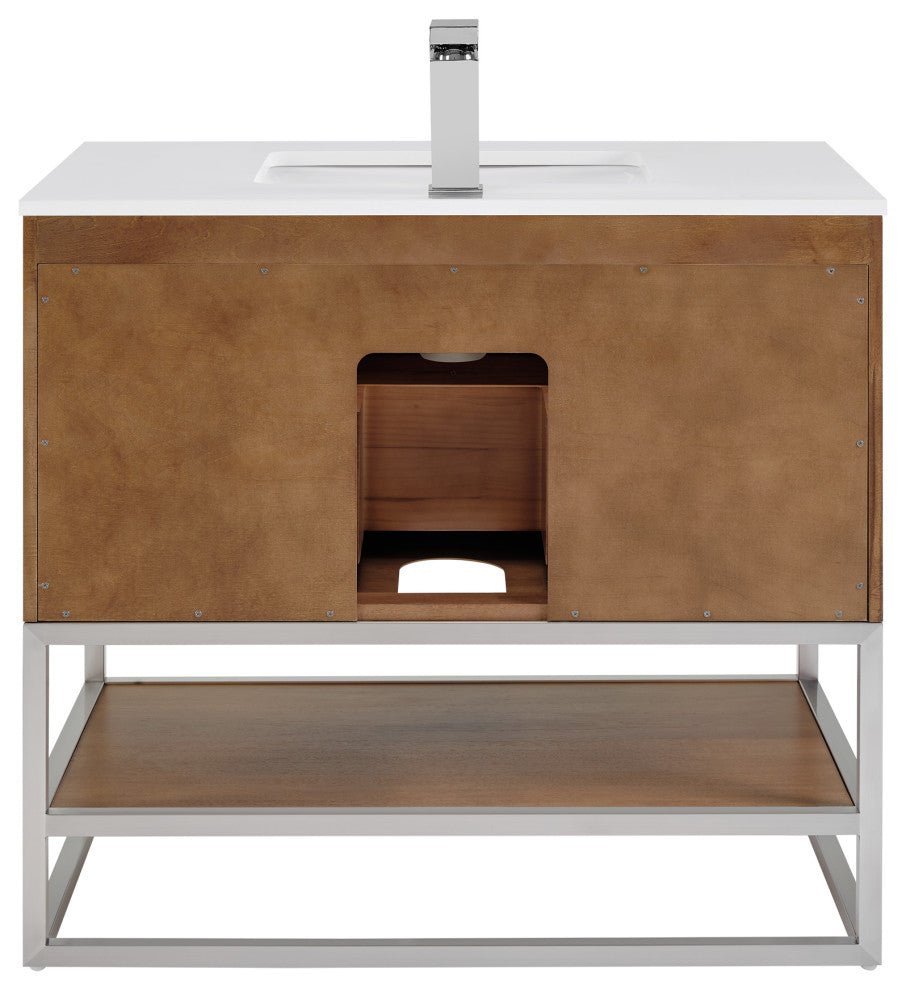 Terra Bathroom Vanity, Walnut/Brushed Nickel, 36", White Quartz Top