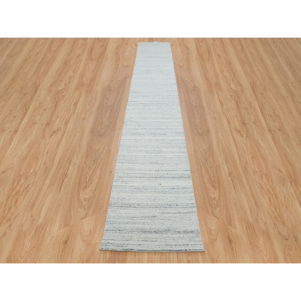 Ivory Plain Modern Striae Pure Wool Hand Loomed Runner Oriental Rug 2'5"x15'9"