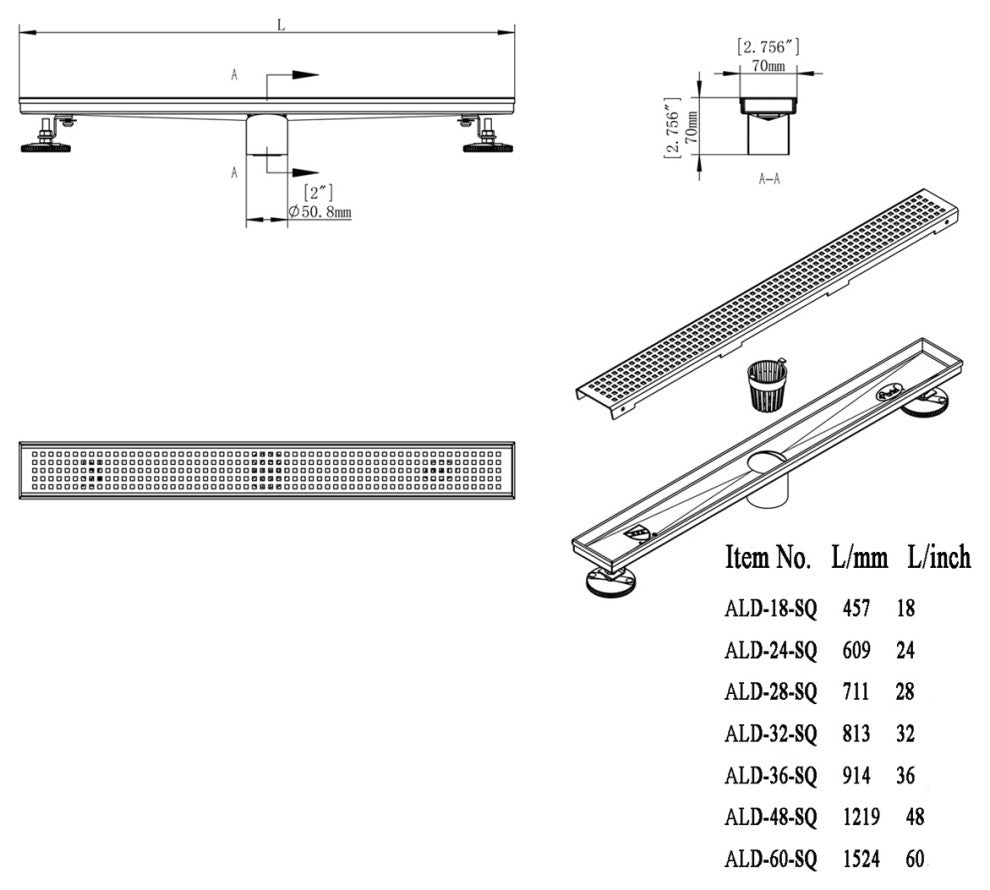 Shower Linear Drain 18" Square Checker Pattern Grate