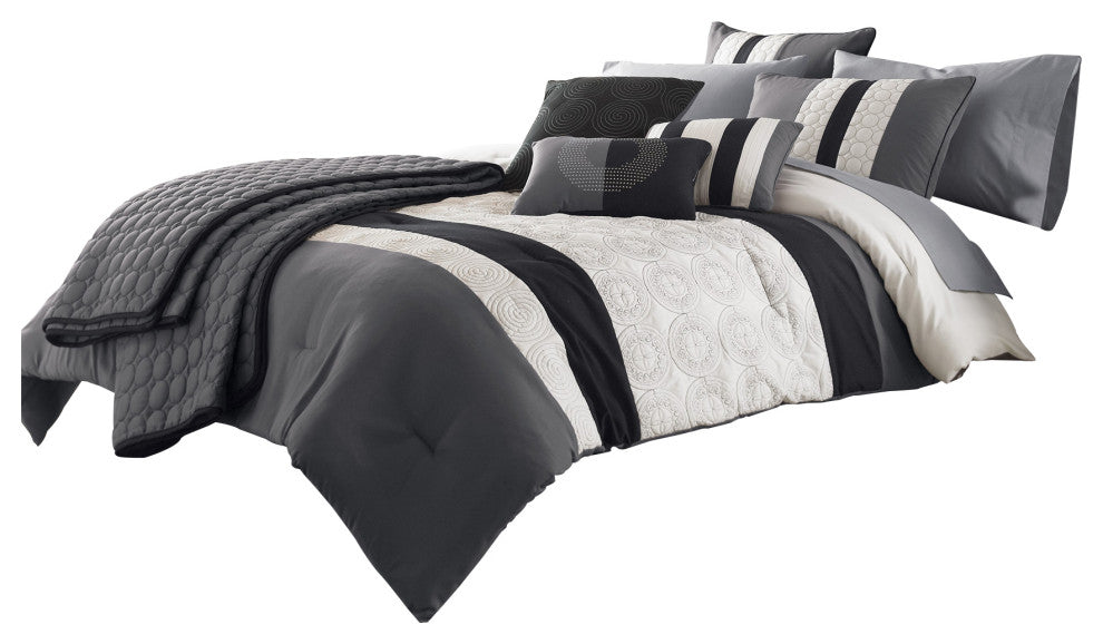 Benzara BM225150 7 Piece Queen Cotton Comforter Set, Gray and Black