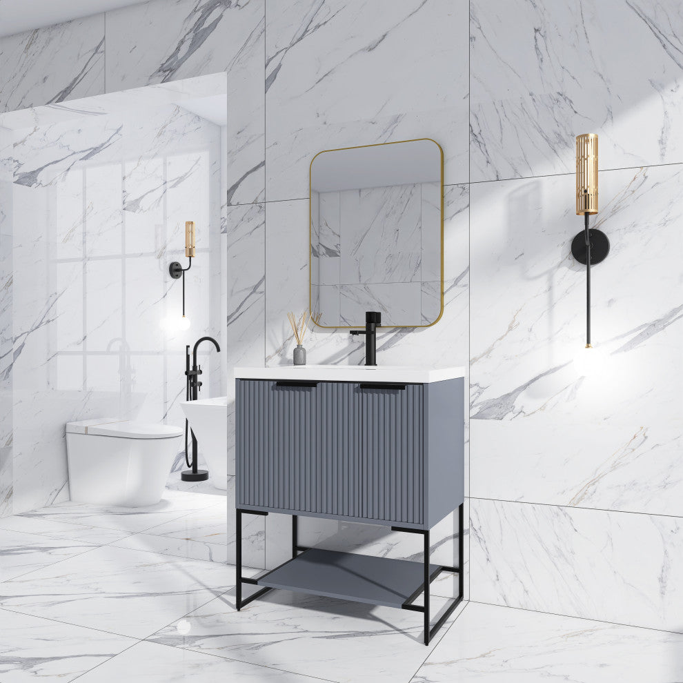 Plywood Freestanding Bathroom Vanity Set with White Ceramic Sink , Rock Grey, 30