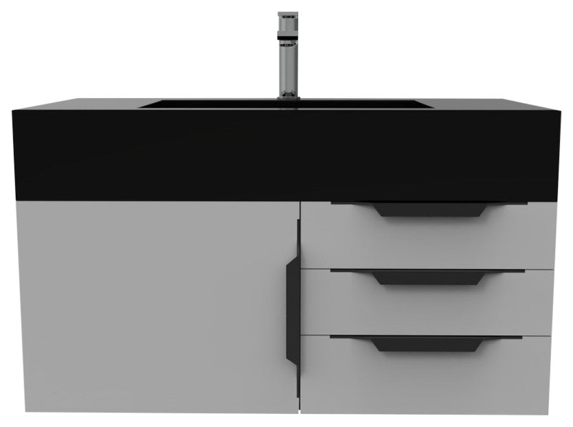 CastelloUSA Nile 36" Wall Mounted Vanity Set, Gray, Black Top, Black Handles
