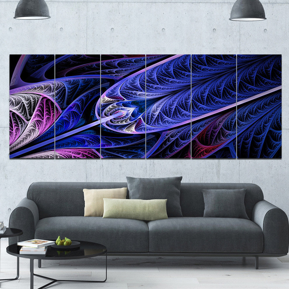 Blue on Black Fractal Stained Glass, Abstract Wall Art Canvas, 70"x28", 6 Panels