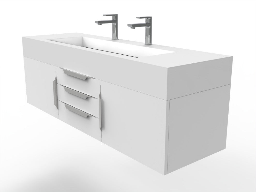 CastelloUSA Nile 60" Wall Mounted Vanity Set, White, White Top, Chrome Handles