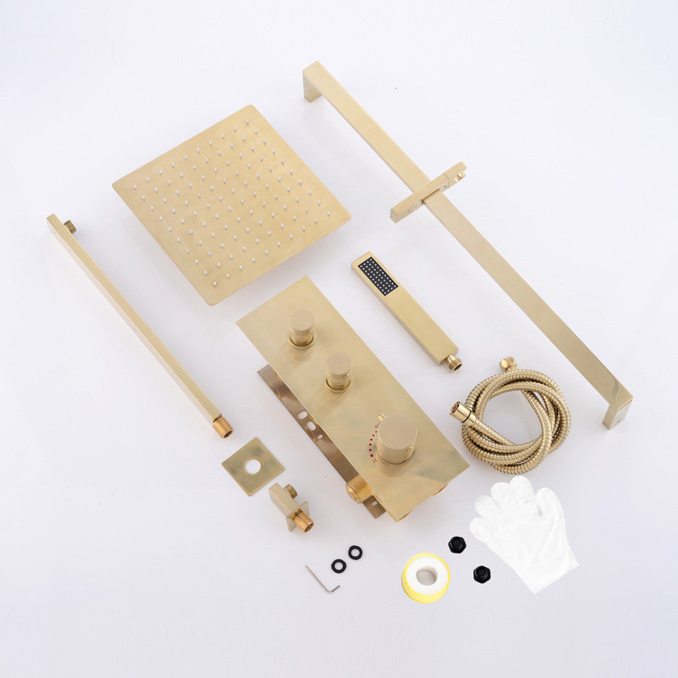 Thermostatic Rain Shower System with Hand Shower-Includes Rough-in Valve, Brushed Gold